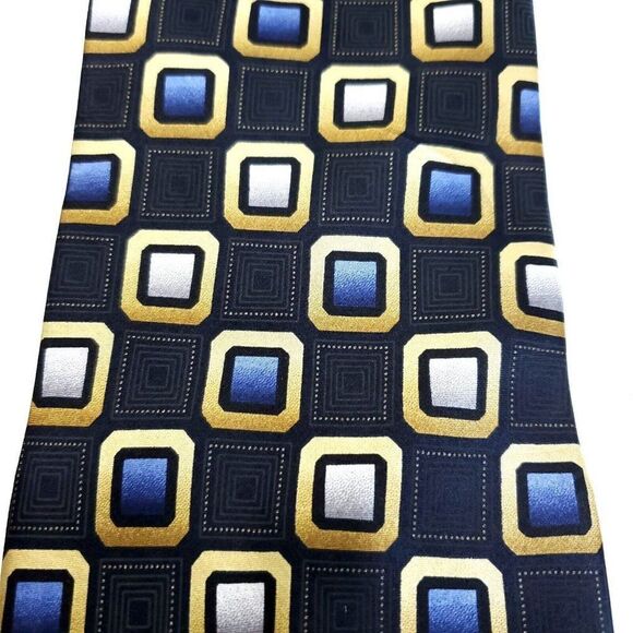 George Blue Geometric Print Wide Silk Tie - Picture 2 of 6